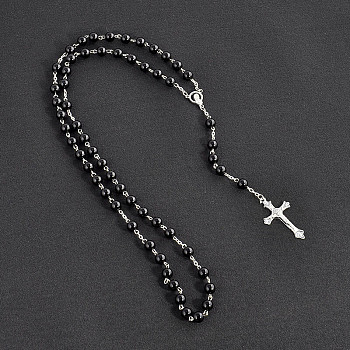 Long Handmade Imitation Pearl Cross Pendant Lariat Necklace Unisex Tassel Sweater Chain Necklaces, Black