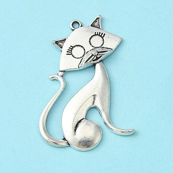 Tibetan Style Alloy Kitten Pendants, Cat Shape, Cadmium Free & Nickel Free & Lead Free, Antique Silver, 46x30x5mm, Hole: 2mm
