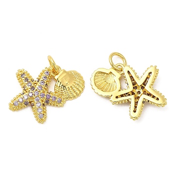 Brass Micro Pave Cubic Zirconia Pendants, Starfish, Real 18K Gold Plated, 15x20x3mm, Hole: 3mm