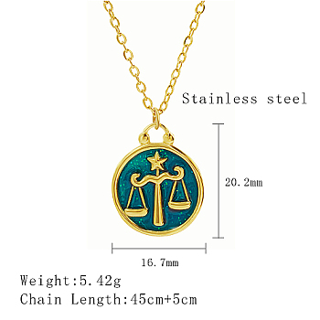 Stainless Steel Enamel Constellation Pendant Necklaces, Real 18K Gold Plated, Libra, 17.72 inch(45cm), Pendant: 20.2x16.7mm