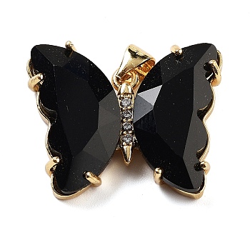 Brass Micro Pave Clear Cubic Zirconia Pendants, with Glass, Butterfly, Golden, Black, 20x26.5x5mm