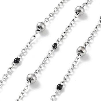 304 Stainless Steel Cable Chain, with Enamel, Soldered, Black, Beads: 3.5~3.6x3.5mm, Link: 5x2x2mm and 2x1.5x0.3mm