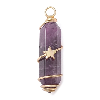 Natural Amethyst Copper Wire Wrapped Pointed Pendants, Faceted Bullet Charms with Golden Tone Brass Star Beads, 34.5~37x10.5x12mm, Hole: 2.7mm