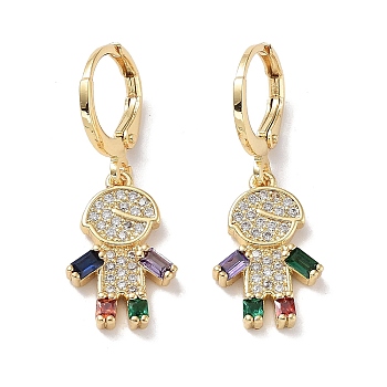 Real 18K Gold Plated Brass Dangle Leverback Earrings, with Cubic Zirconia and Glass, Boy, Colorful, 30.5x11mm