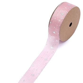20 Yards Silver Stamping Star Organza Ribbons, Garment Accessories, Gift Packaging, Pearl Pink, 1 inch(25mm), 20 Yards/Roll
