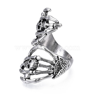 Gothic Punk Skull Hand Alloy Open Cuff Ring for Men Women(RJEW-T009-57AS)-3