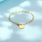 304 Stainless Steel Blank Square Charm Bracelet with Paperclip Chains, Golden, 7-1/2 inch(19cm)(QF7872-1)