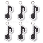 Glass Seed Beaded Musical Note Pendants, with 304 Stainless Steel Open Jump Rings, Black, 20.5x11.5x2.5mm, Hole: 2.5mm(PALLOY-MZ01050)