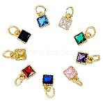 9Pcs 9 Colors Brass Cubic Zirconia Pendants, Square Charms, Real 18K Gold Plated, Mixed Color, 7x5x2.5mm, Hole: 3mm, Jump Ring: 5x1mm, 3mm Inner Diameter, 1pc/color(ZIRC-FH0001-55)