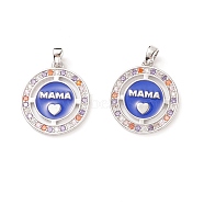 Rack Plating Brass Micro Pave Cubic Zirconia Pendants, with Enamel, Cadmium Free & Lead Free, Flat Round with Word Mama & Heart, Platinum, 20x18x2mm, Hole: 5x3mm(ZIRC-C038-02P)