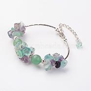 Natural Fluorite Chips Bracelets, with Brass & Iron Findings and Lobster Clasp, Green, 7-7/8 inch(20cm), Extension Chain: 67mm, Chips: 2~12mm(BJEW-JB02769-03)