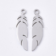 201 Stainless Steel Pendants, Feather, Stainless Steel Color, 25x6x1mm, Hole: 1.6mm(X-STAS-T045-45P)