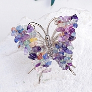 Raw Natural Fluorite Chip Mineral Specimen Display Decorations, with Butterfly Metal Holder, for Home Desktop Feng Shui Ornament, 65x75mm(PW-WG29201-26)