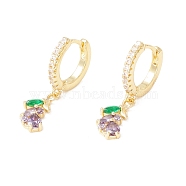 Cubic Zirconia Eggplant Dangle Hoop Earrings, Real 18K Gold Plated Brass Drop Earrings, Lead Free & Cadmium Free, Colorful, 26mm, Pin: 0.8mm(EJEW-H086-04G)
