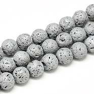 Electroplate Natural Lava Rock Beads Strands, Matte Style, Round, Platinum Plated, 10~11mm, Hole: 1mm, about 38pcs/strand, 15.3 inch(G-T058-03I-10MM)