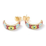 Semicircular Brass Enamel Half Hoop Earrings, with Ear Nuts, Eye, Colorful, Golden, 19x5mm, Pin: 0.7mm(EJEW-L234-038G)