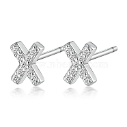 Rhodium Plated 925 Sterling Silver Initial Letter Stud Earrings, with Cubic Zirconia, Platinum, Letter X, 5x5mm(HI8885-24)
