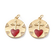 Brass Micro Pave Clear Cubic Zirconia Pendants, with Enamel, Long-Lasting Plated, With Jump Rings, Flat Round with Cross & Red Heart, Real 18K Gold Plated, 22x19.5x2mm, Hole: 3mm, Jump Ring: 5x1mm(ZIRC-Z008-03G)