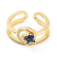 Dark Blue Cubic Zirconia Star Open Cuff Ring, Brass Jewelry for Women, Cadmium Free & Lead Free, Real 18K Gold Plated, US Size 6 1/2(16.9mm)(RJEW-C024-05G)