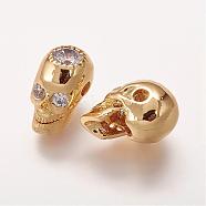 Brass Micro Pave Cubic Zirconia Beads, Skull, Golden, 14x8x9.5mm, Hole: 2mm(ZIRC-E113-27G)