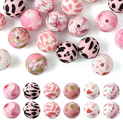 24Pcs 6 Styles Printed Round Silicone Focal Beads, Pink, 15mm, Hole: 2mm, 4pcs/style(SIL-YW0001-78B)