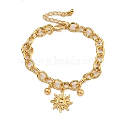 Brass Charm Bracelets for Women, Lobster Claw Clasps and Sun Pendants, Real 18K Gold Plated, 7-1/4 inch(18.5cm), Pendant: 18x16 amd 7x5mm(BJEW-U008-11G)