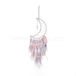 Iron Wire Woven Web/Net with Feather Pendant Decorations, with Plastic and Synthetic Turquoise Dangle Pendant, Covered with Leather Cord, Moon, Colorful, 620mm(AJEW-B017-30)