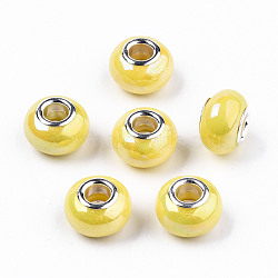 Resin European Beads, Large Hole Beads, Imitation Porcelain, with Platinum Plated Brass Core, AB Color Plated, Rondelle, Yellow, 14x9mm, Hole: 5mm(RPDL-S015-001I)