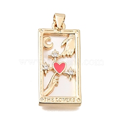 Brass Micro Pave Clear Cubic Zirconia with Pink Enamel Pendants, with Shell, Rectangle with Heart Charms, Rack Plating, Long-Lasting Plated, Cadmium Free & Lead Free, Real 18K Gold Plated, 28.5x13.5x3mm, Hole: 4x3.5mm(CU-CBAE7DF-07G-01)