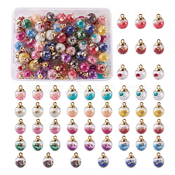 Transparent Glass Globe Pendants, with Resin & Resin Rhinestone & Conch Shell & Glass Micro Beads inside, Plastic CCB Pendant Bails, Round, Golden, Mixed Color, 21.5x16mm, Hole: 2mm, 102pcs/box(GLAA-KS0001-02)