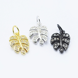 Eco-Friendly Brass Micro Pave Cubic Zirconia Charms, Monstera Leaf, Lead Free & Nickel Free & Cadmium Free, Mixed Color, 14x9.5x2mm, Hole: 3mm(KK-P133-04-NR)
