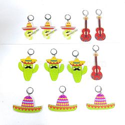 Cinco de Mayo Opaque Printed Acrylic Pendant Locking Stitch Markers, 304 Stainless Steel Leverback Earring & Steel Wine Glass Charm Rings Stitch Marker, Cactus/Sombrero/Guitar, Mixed Color, 4.5~6.5cm, 4 style, 3pcs/style, 12pcs/set(HJEW-AB00177)