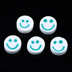 Handmade Polymer Clay Beads, for DIY Jewelry Crafts Supplies, Flat Round with Smiling Face, Light Sea Green, 10x4~4.5mm, Hole: 1.8mm(X-CLAY-N008-040C)