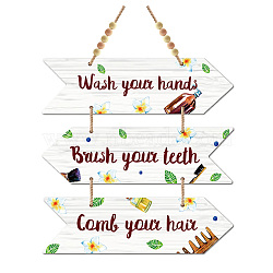 Wood Hanging Sings, Home Decorations, with 1M Jute Ropes and 10Pcs Wood Beads, Arrow with Word Wash your hands Brush your teeth Comb your hair, White, Sign: 300x8.5x5mm, 3pcs/set(AJEW-WH0349-005)