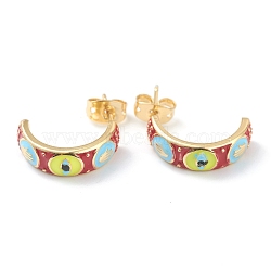Semicircular Brass Enamel Half Hoop Earrings, with Ear Nuts, Eye, Colorful, Golden, 19x5mm, Pin: 0.7mm(EJEW-L234-038G)