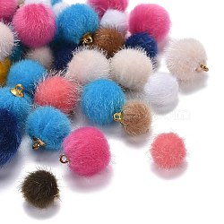 Faux Mink Fur Covered Pendants, with Golden Tone Brass Findings, Round, Mixed Color, 14~21x10~19mm, Hole: 1.5~2mm(WOVE-MSMC003-04)