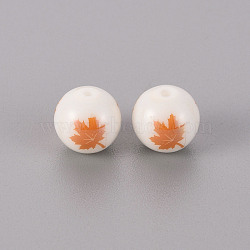 Electroplate Glass Beads, Round, Maple Leaf Pattern, Rose Gold Plated, 10mm, Hole: 1.2mm(EGLA-Q123-010G)