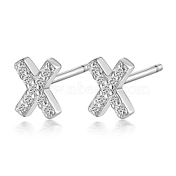 Anti-Tarnish Rhodium Plated 925 Sterling Silver Initial Letter Stud Earrings, with Cubic Zirconia, Platinum, Letter X, 5x5mm(HI8885-24)