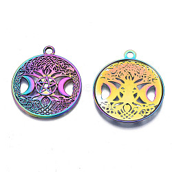 Rainbow Color Alloy Pendants, Cadmium Free & Nickel Free & Lead Free, Flat Round with Moon & Star, 38.5x34x2.5mm, Hole: 3mm(PALLOY-N156-160-NR)