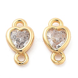 Brass Clear Cubic Zirconia Connector Charms, Heart Links, Real 18K Gold Plated, 9.5x5x2mm, Hole: 1.2mm(KK-G516-11G)