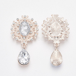 Rose Gold Plated Alloy Cabochons, with Resin Rhinestone and Crystal Glass Rhinestone, Faceted, Oval and teardrop, Clear, 45x24x5mm(X-RB-S066-01RG-19)
