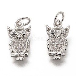 Brass Micro Pave Clear Cubic Zirconia Charms, Long-Lasting Plated, with Jump Ring, Owl Shape, Platinum, 14.5x8x2.5mm, Jump Ring: 5x1mm, 3mm Inner Diameter(ZIRC-C020-45P)