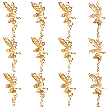 14Pcs Brass Pendants, Flying Elf, Real 18K Gold Plated, 26x13x4.5mm, Hole: 1.4mm