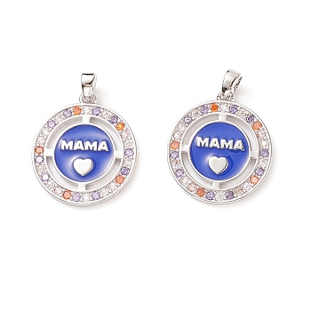 Rack Plating Brass Micro Pave Cubic Zirconia Pendants, with Enamel, Cadmium Free & Lead Free, Flat Round with Word Mama & Heart, Platinum, 20x18x2mm, Hole: 5x3mm
