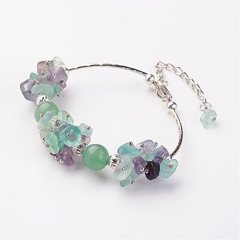 Natural Fluorite Chips Bracelets, with Brass & Iron Findings and Lobster Clasp, Green, 7-7/8 inch(20cm), Extension Chain: 67mm, Chips: 2~12mm