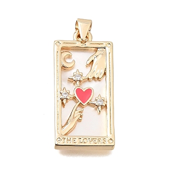 Brass Micro Pave Clear Cubic Zirconia with Pink Enamel Pendants, with Shell, Rectangle with Heart Charms, Rack Plating, Long-Lasting Plated, Cadmium Free & Lead Free, Real 18K Gold Plated, 28.5x13.5x3mm, Hole: 4x3.5mm