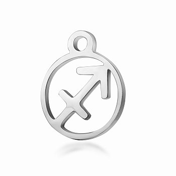 201 Stainless Steel Charms, Flat Round with Constellation, Stainless Steel Color, Sagittarius, 13.4x10.8x1mm, Hole: 1.5mm