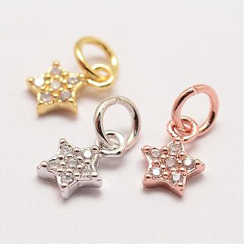 Brass Micro Pave Grade AAA Cubic Zirconia Charms, Long-Lasting Plated, Star, Cadmium Free & Nickel Free & Lead Free, Mixed Color, 8x5x2mm, Hole: 3mm