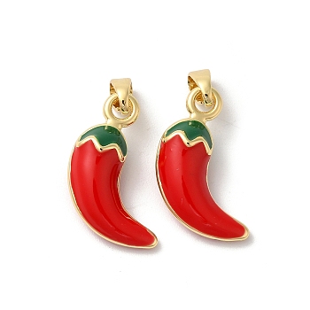 Rack Plating Brass Enamel Pendants, Long-Lasting Plated, Cadmium Free & Lead Free, Chili Charm, Real 18K Gold Plated, Red, 22x10x6mm, Hole: 4x2.5mm