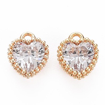 Brass Micro Pave Cubic Zirconia Charms, Nickel Free, Real 18K Gold Plated, Faceted Heart, Clear, 8x6x3.5mm, Hole: 1mm